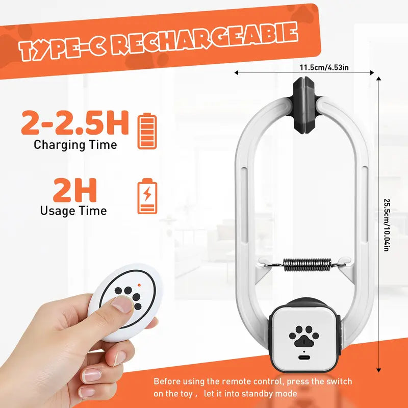 Remote-Controlled Electric Cat Teaser Toy Kit with Rechargeable Shelf-Edge Clip, Adjustable Cord Lengths, Dual Play Modes, and Three Plush Toys for Enhanced Feline Engagement and Stress Relief