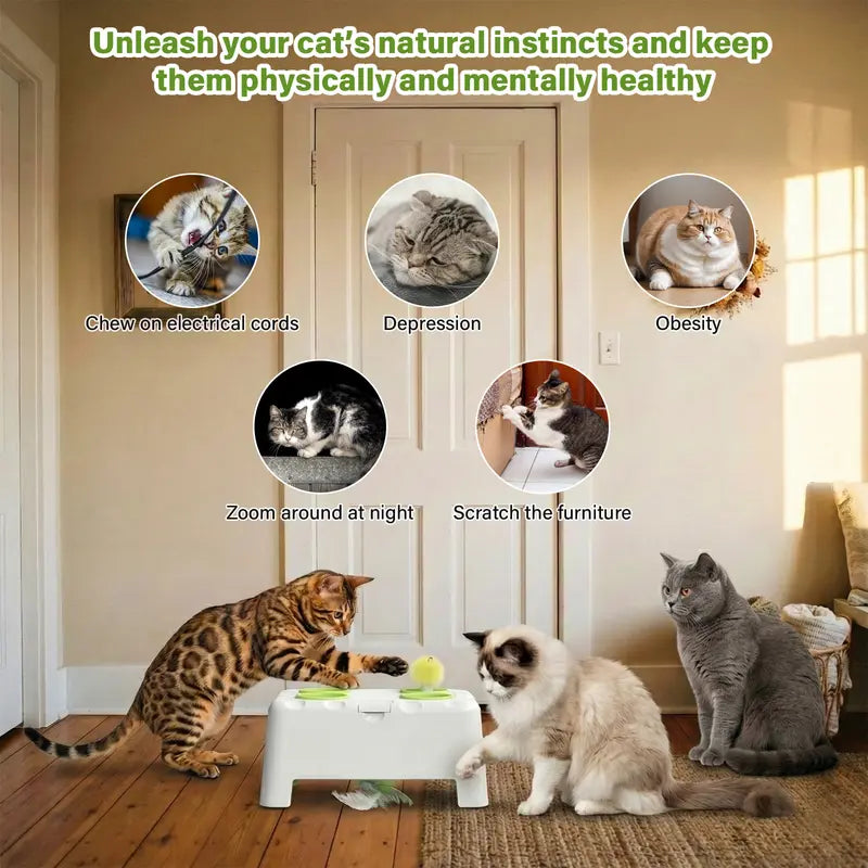 HAPPYCODE 3-in-1 Interactive Cat Toy - Automatic Electric Indoor Playhouse with Rechargeable Battery, Smart Whack-A-Mole Feature, Rotating Feather Wand, Auto Pause Cycles, Intelligent Motion Patterns, and 4 Attachments for Enhanced Boredom Relief