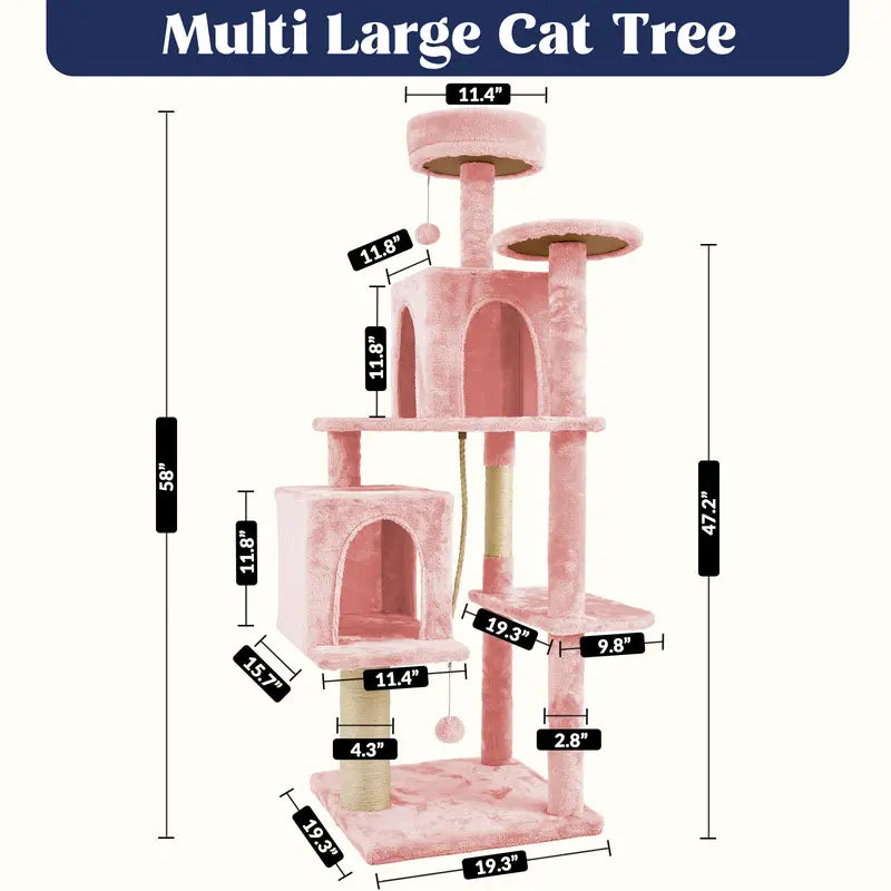 Wecharmer 58-Inch Plush Sisal Cat Tree Tower - Vertical Scratcher with High Platform, Condos, and Hanging Toy - Stylish Indoor Furniture for Medium and Small Cats up to 27.5 lbs