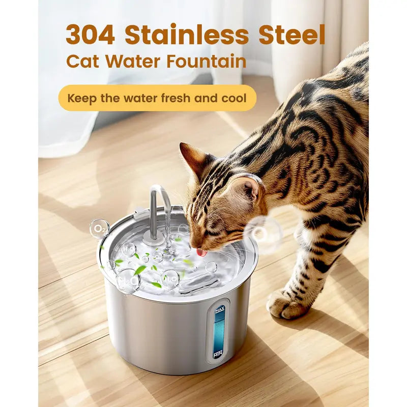 Oneisall 2L Cat Water Fountain with LED Visual Water Level and 3 Replacement Filters, 304 Stainless Steel Automatic Dispenser