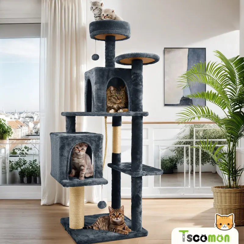 Wecharmer 58-Inch Plush Sisal Cat Tree Tower - Vertical Scratcher with High Platform, Condos, and Hanging Toy - Stylish Indoor Furniture for Medium and Small Cats up to 27.5 lbs