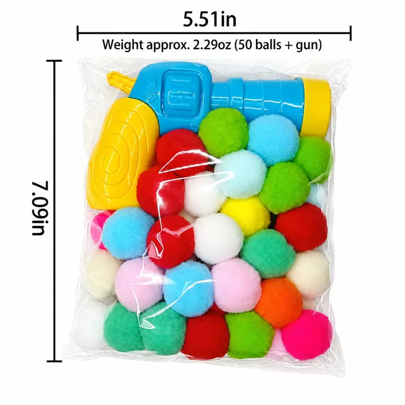 Cat Ball Launcher Fetch Toy - Battery-Free Plush Ball Shooter with One-Button Operation, Includes 1 Launcher and 30 Soft Pom-Poms, Indoor Entertainment for Kittens, Perfect Gift for Cat Lovers