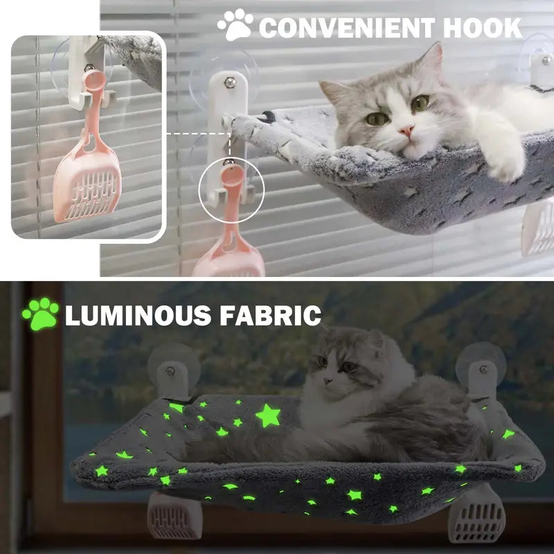 Star Geometric Folding Window Hammock for Cats - Glow-in-the-Dark, Cordless, Machine Washable, Sturdy Metal Frame with Strong Suction Cups, 23.3"L x 11.4"W x 7.1"H, 44 lb Capacity Modern Perch for Small Dogs