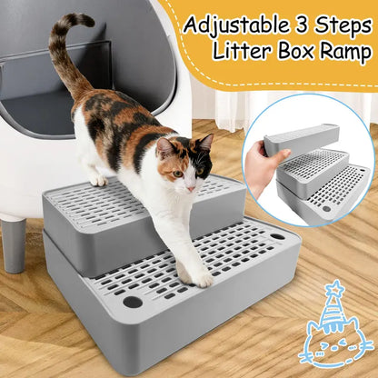 Adjustable Three-Step Cat Litter Box Ramp with Filter Function, Non-Slip Design, Easy to Clean, Ideal for Small and Senior Cats (Light Grey)