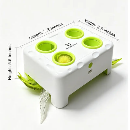 HAPPYCODE 3-in-1 Interactive Cat Toy - Automatic Electric Indoor Playhouse with Rechargeable Battery, Smart Whack-A-Mole Feature, Rotating Feather Wand, Auto Pause Cycles, Intelligent Motion Patterns, and 4 Attachments for Enhanced Boredom Relief