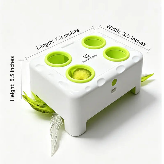 HAPPYCODE 3-in-1 Interactive Cat Toy - Automatic Electric Indoor Playhouse with Rechargeable Battery, Smart Whack-A-Mole Feature, Rotating Feather Wand, Auto Pause Cycles, Intelligent Motion Patterns, and 4 Attachments for Enhanced Boredom Relief