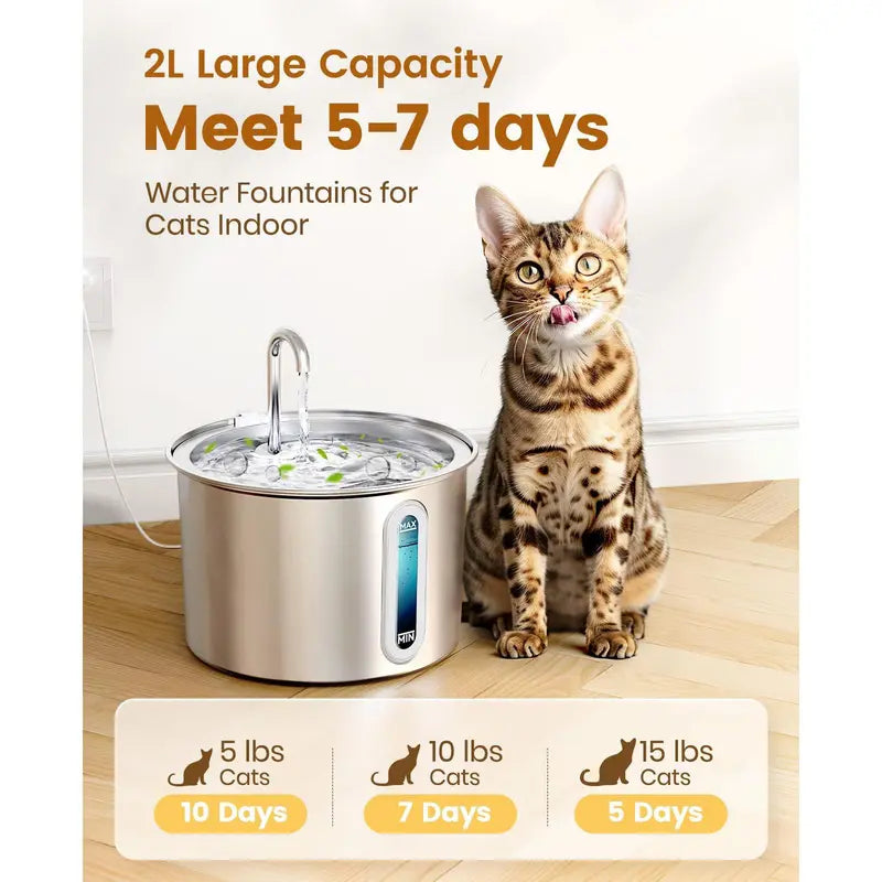 Oneisall 2L Cat Water Fountain with LED Visual Water Level and 3 Replacement Filters, 304 Stainless Steel Automatic Dispenser