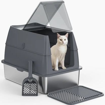 AIPERRO XL & XXXL High-Sided Stainless Steel Cat Litter Box with Anti-Leak Design, Easy-Clean Scoop for Multi-Cat Homes, Non-Stick and Odor-Absorbing