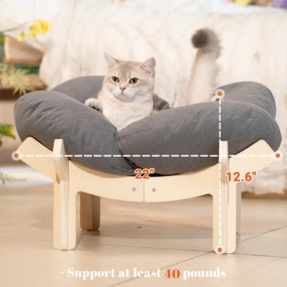 Elevated Wooden Cat Bed with Cushion - Fluffy Pet Couch for Indoor Cats and Dogs, Raised Lounge Chair for Puppies and Cats (Large)