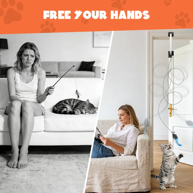 Remote-Controlled Electric Cat Teaser Toy Kit with Rechargeable Shelf-Edge Clip, Adjustable Cord Lengths, Dual Play Modes, and Three Plush Toys for Enhanced Feline Engagement and Stress Relief