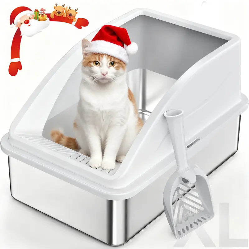 AIPERRO XL & XXXL High-Sided Stainless Steel Cat Litter Box with Anti-Leak Design, Easy-Clean Scoop for Multi-Cat Homes, Non-Stick and Odor-Absorbing