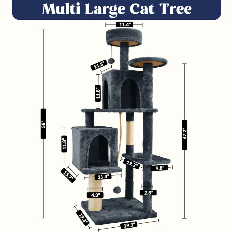 Wecharmer 58-Inch Plush Sisal Cat Tree Tower - Vertical Scratcher with High Platform, Condos, and Hanging Toy - Stylish Indoor Furniture for Medium and Small Cats up to 27.5 lbs