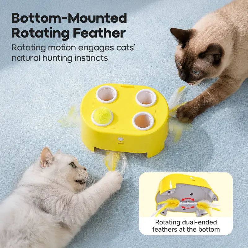 Potaroma USB Rechargeable Interactive Whack-A-Mole Cat Toy with Automatic Rotating Feather and Three Play Modes for Indoor Cat Engagement