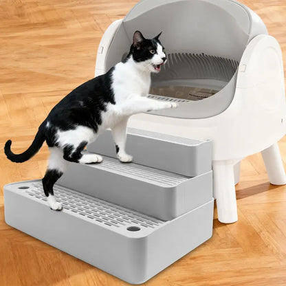 Adjustable Three-Step Cat Litter Box Ramp with Filter Function, Non-Slip Design, Easy to Clean, Ideal for Small and Senior Cats (Light Grey)