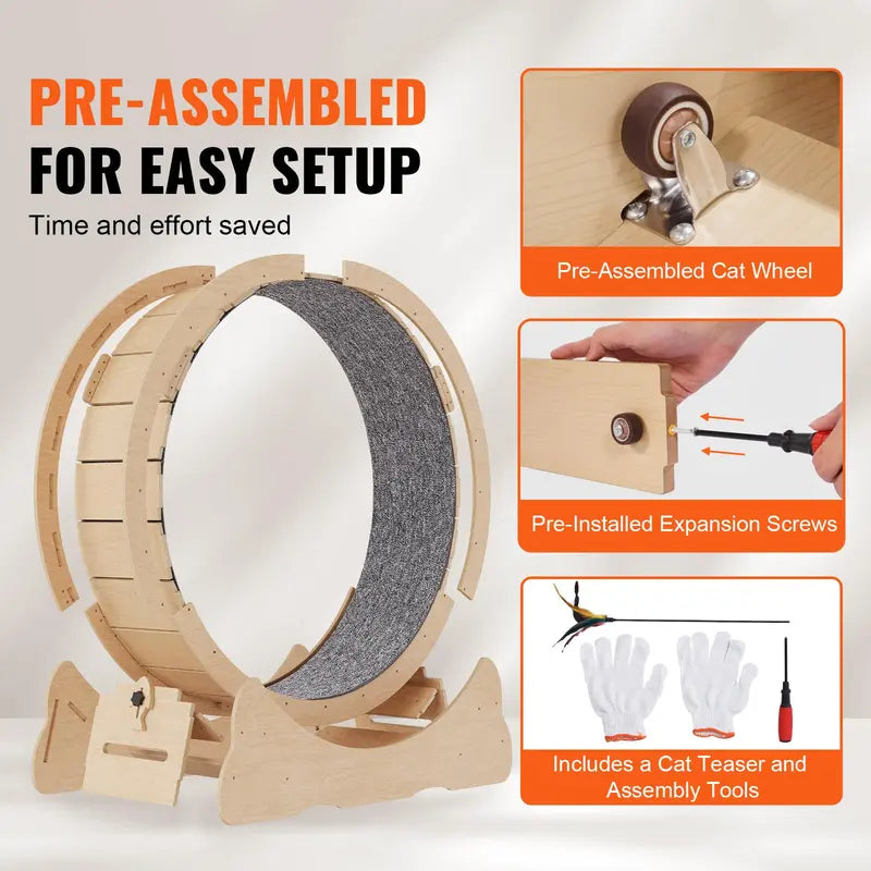 VEVOR 52" Solid Wooden Cat Exercise Wheel - Large Treadmill with Detachable Carpet, Teaser, Stable Base, Noise Reduction, Includes Gloves & Screwdriver, Ideal for Indoor Feline Training, Supports Up to 30 Lbs, Non-Scratch Mat