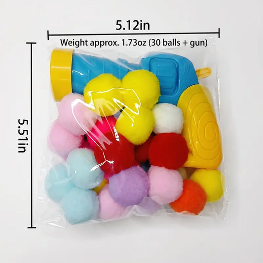 Cat Ball Launcher Fetch Toy - Battery-Free Plush Ball Shooter with One-Button Operation, Includes 1 Launcher and 30 Soft Pom-Poms, Indoor Entertainment for Kittens, Perfect Gift for Cat Lovers