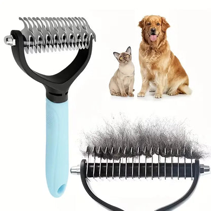 Professional Pet Dematting Rake for Dogs and Cats - Ergonomic Non-Slip Handle with Double-Sided Stainless Steel Blades for Efficient Grooming and Maintenance