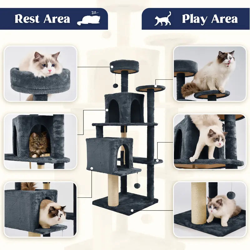 Wecharmer 58-Inch Plush Sisal Cat Tree Tower - Vertical Scratcher with High Platform, Condos, and Hanging Toy - Stylish Indoor Furniture for Medium and Small Cats up to 27.5 lbs