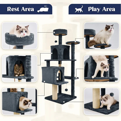 Wecharmer 58-Inch Plush Sisal Cat Tree Tower - Vertical Scratcher with High Platform, Condos, and Hanging Toy - Stylish Indoor Furniture for Medium and Small Cats up to 27.5 lbs