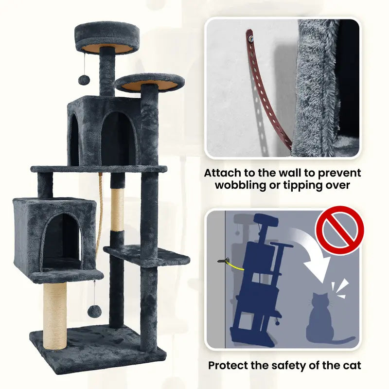 Wecharmer 58-Inch Plush Sisal Cat Tree Tower - Vertical Scratcher with High Platform, Condos, and Hanging Toy - Stylish Indoor Furniture for Medium and Small Cats up to 27.5 lbs