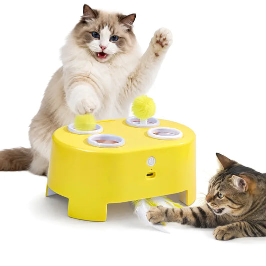 Potaroma USB Rechargeable Interactive Whack-A-Mole Cat Toy with Automatic Rotating Feather and Three Play Modes for Indoor Cat Engagement