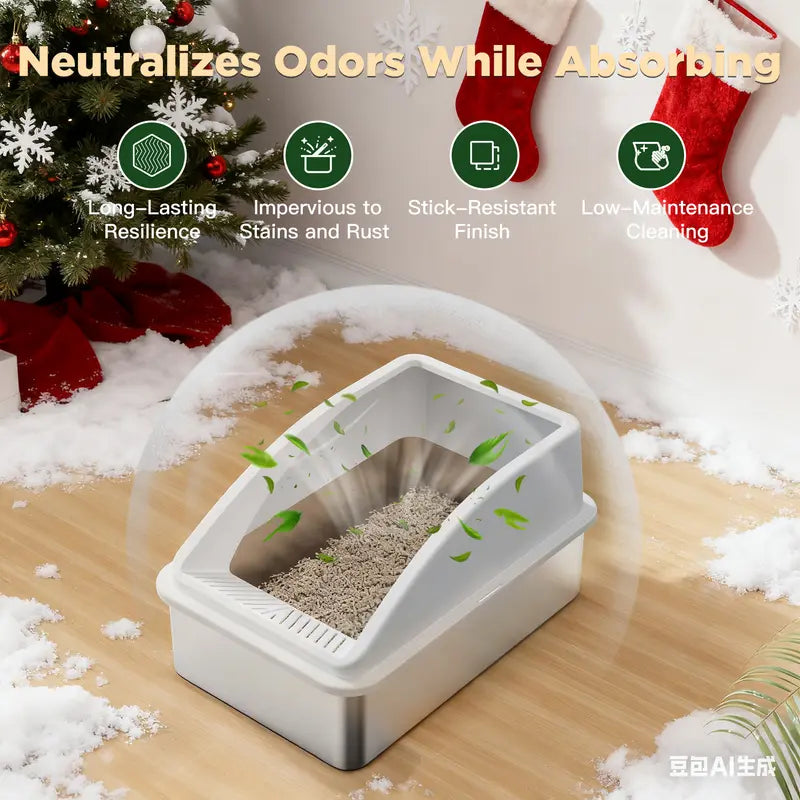 AIPERRO XL & XXXL High-Sided Stainless Steel Cat Litter Box with Anti-Leak Design, Easy-Clean Scoop for Multi-Cat Homes, Non-Stick and Odor-Absorbing