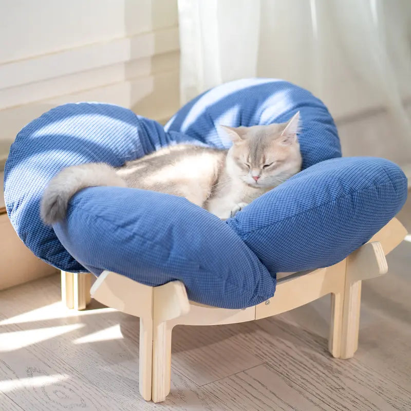 Elevated Wooden Cat Bed with Cushion - Fluffy Pet Couch for Indoor Cats and Dogs, Raised Lounge Chair for Puppies and Cats (Large)