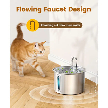 Oneisall 2L Cat Water Fountain with LED Visual Water Level and 3 Replacement Filters, 304 Stainless Steel Automatic Dispenser
