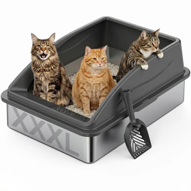 AIPERRO XL & XXXL High-Sided Stainless Steel Cat Litter Box with Anti-Leak Design, Easy-Clean Scoop for Multi-Cat Homes, Non-Stick and Odor-Absorbing