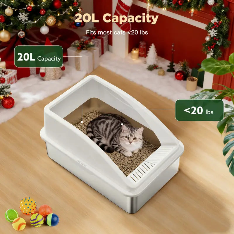 AIPERRO XL & XXXL High-Sided Stainless Steel Cat Litter Box with Anti-Leak Design, Easy-Clean Scoop for Multi-Cat Homes, Non-Stick and Odor-Absorbing