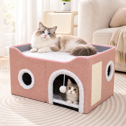 Foldable Polyester-Cotton Contemporary Cat House - 30 lbs Capacity, Large Opening, Round Windows, Plush Hanging Balls, Double-Sided Cushions, Machine Washable, Suitable for All Seasons Indoors