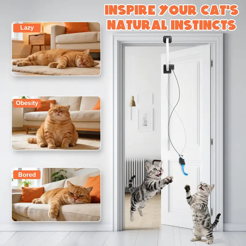 Remote-Controlled Electric Cat Teaser Toy Kit with Rechargeable Shelf-Edge Clip, Adjustable Cord Lengths, Dual Play Modes, and Three Plush Toys for Enhanced Feline Engagement and Stress Relief