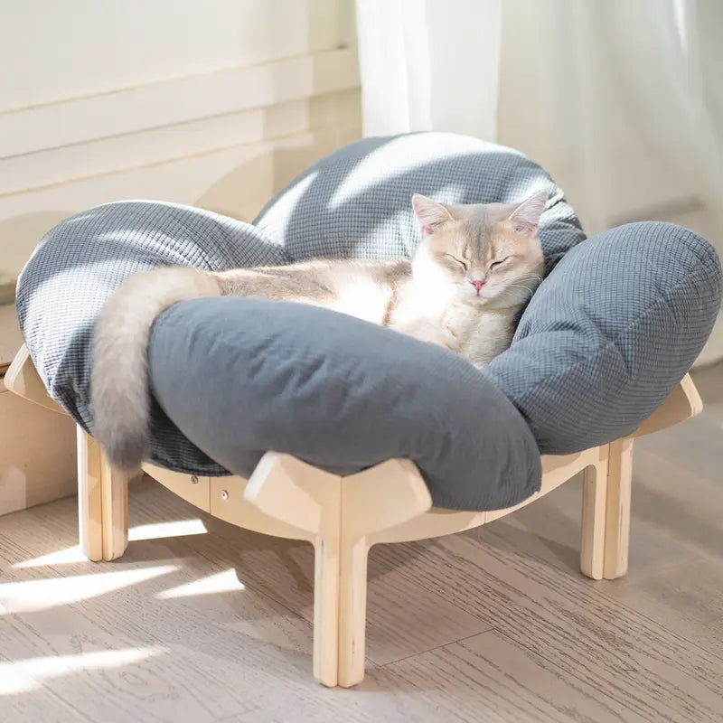 Elevated Wooden Cat Bed with Cushion - Fluffy Pet Couch for Indoor Cats and Dogs, Raised Lounge Chair for Puppies and Cats (Large)