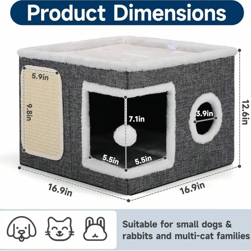 Foldable Polyester-Cotton Contemporary Cat House - 30 lbs Capacity, Large Opening, Round Windows, Plush Hanging Balls, Double-Sided Cushions, Machine Washable, Suitable for All Seasons Indoors