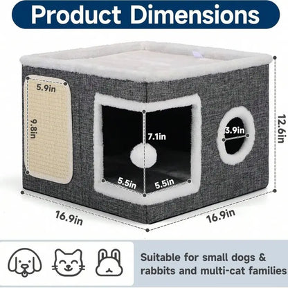 Foldable Polyester-Cotton Contemporary Cat House - 30 lbs Capacity, Large Opening, Round Windows, Plush Hanging Balls, Double-Sided Cushions, Machine Washable, Suitable for All Seasons Indoors