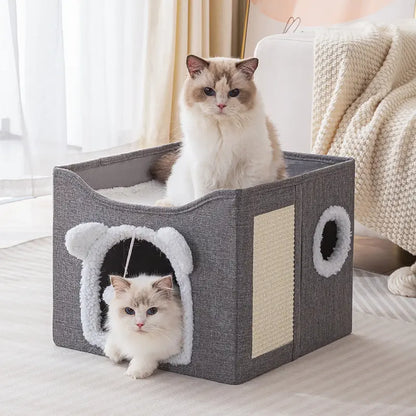 Foldable Polyester-Cotton Contemporary Cat House - 30 lbs Capacity, Large Opening, Round Windows, Plush Hanging Balls, Double-Sided Cushions, Machine Washable, Suitable for All Seasons Indoors