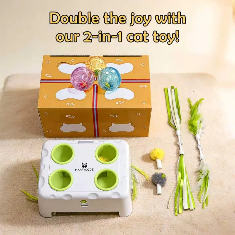 HAPPYCODE 3-in-1 Interactive Cat Toy - Automatic Electric Indoor Playhouse with Rechargeable Battery, Smart Whack-A-Mole Feature, Rotating Feather Wand, Auto Pause Cycles, Intelligent Motion Patterns, and 4 Attachments for Enhanced Boredom Relief