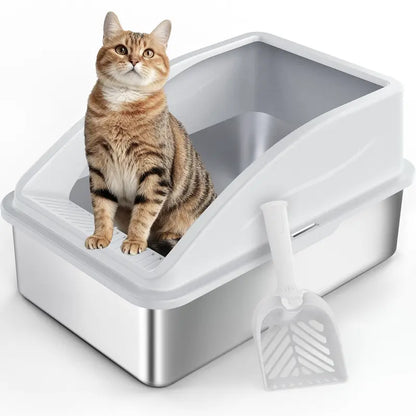 AIPERRO XL & XXXL High-Sided Stainless Steel Cat Litter Box with Anti-Leak Design, Easy-Clean Scoop for Multi-Cat Homes, Non-Stick and Odor-Absorbing