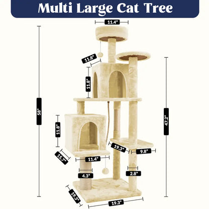 Wecharmer 58-Inch Plush Sisal Cat Tree Tower - Vertical Scratcher with High Platform, Condos, and Hanging Toy - Stylish Indoor Furniture for Medium and Small Cats up to 27.5 lbs