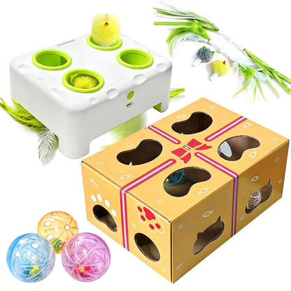 HAPPYCODE 3-in-1 Interactive Cat Toy - Automatic Electric Indoor Playhouse with Rechargeable Battery, Smart Whack-A-Mole Feature, Rotating Feather Wand, Auto Pause Cycles, Intelligent Motion Patterns, and 4 Attachments for Enhanced Boredom Relief