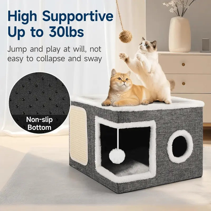 Foldable Polyester-Cotton Contemporary Cat House - 30 lbs Capacity, Large Opening, Round Windows, Plush Hanging Balls, Double-Sided Cushions, Machine Washable, Suitable for All Seasons Indoors