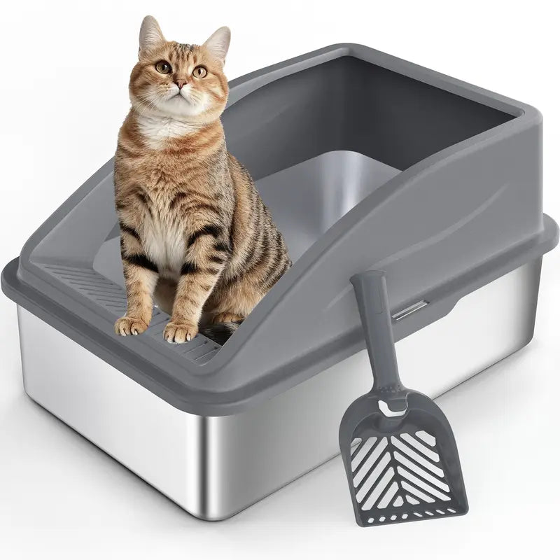 AIPERRO XL & XXXL High-Sided Stainless Steel Cat Litter Box with Anti-Leak Design, Easy-Clean Scoop for Multi-Cat Homes, Non-Stick and Odor-Absorbing