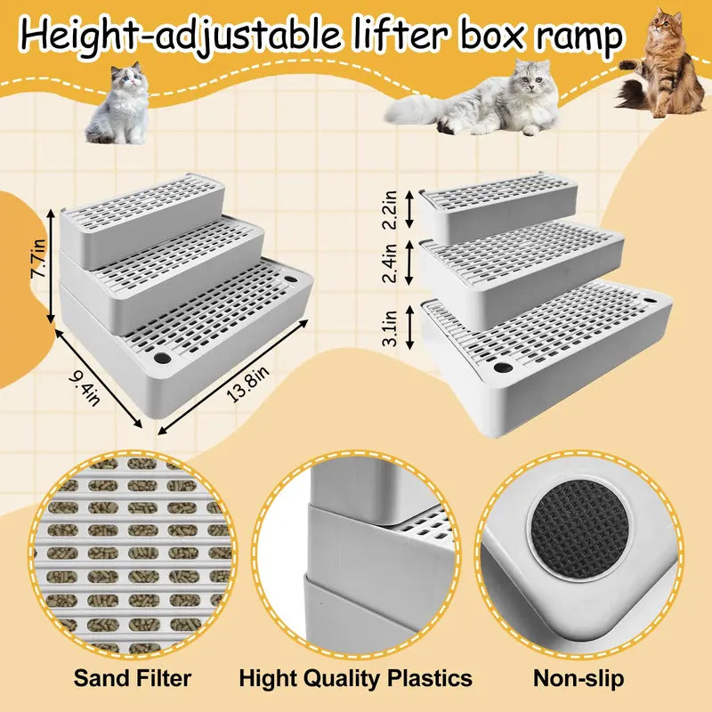 Adjustable Three-Step Cat Litter Box Ramp with Filter Function, Non-Slip Design, Easy to Clean, Ideal for Small and Senior Cats (Light Grey)