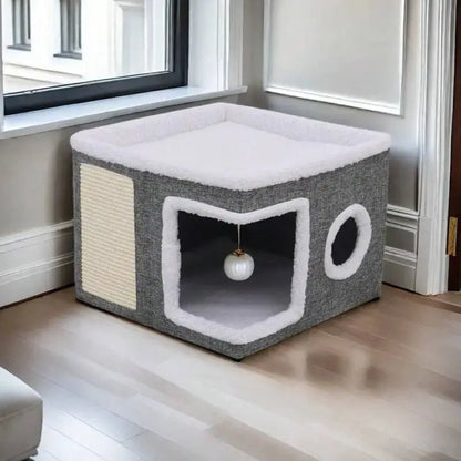 Foldable Polyester-Cotton Contemporary Cat House - 30 lbs Capacity, Large Opening, Round Windows, Plush Hanging Balls, Double-Sided Cushions, Machine Washable, Suitable for All Seasons Indoors