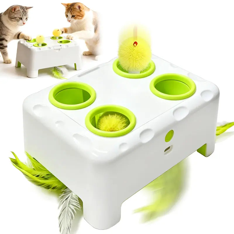 HAPPYCODE 3-in-1 Interactive Cat Toy - Automatic Electric Indoor Playhouse with Rechargeable Battery, Smart Whack-A-Mole Feature, Rotating Feather Wand, Auto Pause Cycles, Intelligent Motion Patterns, and 4 Attachments for Enhanced Boredom Relief