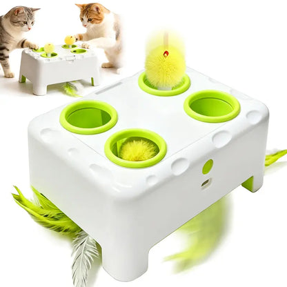 HAPPYCODE 3-in-1 Interactive Cat Toy - Automatic Electric Indoor Playhouse with Rechargeable Battery, Smart Whack-A-Mole Feature, Rotating Feather Wand, Auto Pause Cycles, Intelligent Motion Patterns, and 4 Attachments for Enhanced Boredom Relief