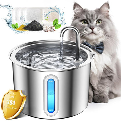 Oneisall 2L Cat Water Fountain with LED Visual Water Level and 3 Replacement Filters, 304 Stainless Steel Automatic Dispenser