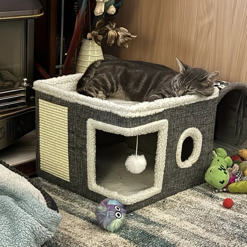Foldable Polyester-Cotton Contemporary Cat House - 30 lbs Capacity, Large Opening, Round Windows, Plush Hanging Balls, Double-Sided Cushions, Machine Washable, Suitable for All Seasons Indoors