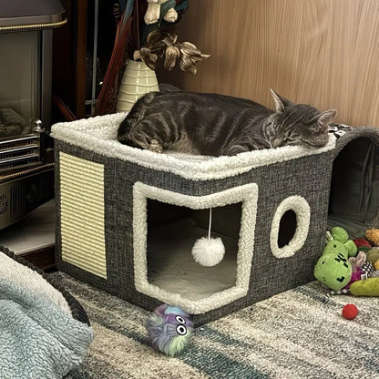 Foldable Polyester-Cotton Contemporary Cat House - 30 lbs Capacity, Large Opening, Round Windows, Plush Hanging Balls, Double-Sided Cushions, Machine Washable, Suitable for All Seasons Indoors