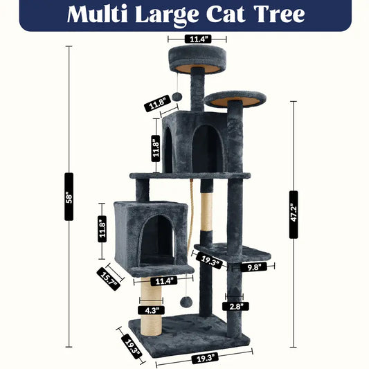 Wecharmer 58-Inch Plush Sisal Cat Tree Tower - Vertical Scratcher with High Platform, Condos, and Hanging Toy - Stylish Indoor Furniture for Medium and Small Cats up to 27.5 lbs